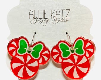 Peppermint mouse  Christmas dangle earrings/peppermint Minnie mouse drop Earrings/disney inspired acrylic Earrings /Handmade Acrylic Jewelry