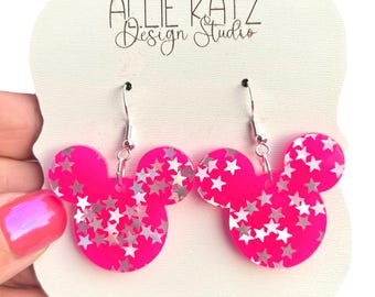 Neon Pink Starburst Mouse Head Earrings: Acrylic Vacation Jewelry