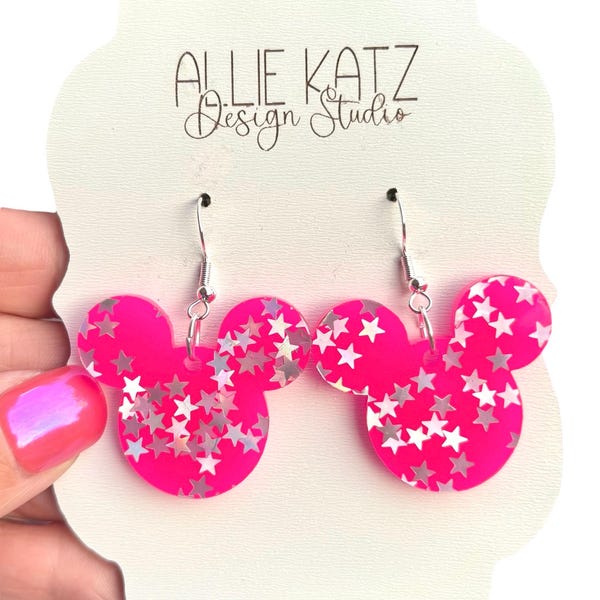 Boucles d'oreilles rose fluo tête de souris en étoile : bijoux de vacances en acrylique