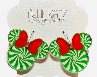 Green Peppermint mouse Christmas dangle earrings/peppermint Minnie Mouse Earrings/disney inspired acrylic Earrings /Handmade Acrylic Jewelry