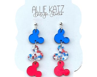 Patriotic Mouse Trio dangle earrings/ Americana mouse head earring / USA Disney vacation earrings