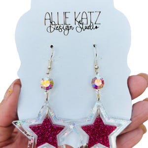Acrylic Star Earrings: Pink Glitter, Swarovski Crystal Accents