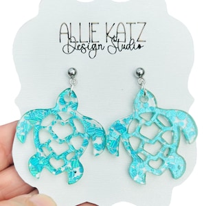 Glitter Sea Turtle Earrings | Aqua Acrylic Ocean Jewelry | Cute Beach Drop Earrings | Lightweight Summer Earrings | Gift for Turtle Lover