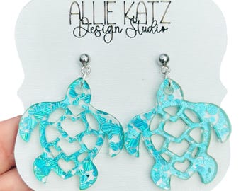 Glitter Sea Turtle Earrings | Aqua Acrylic Ocean Jewelry | Cute Beach Drop Earrings | Lightweight Summer Earrings | Gift for Turtle Lover