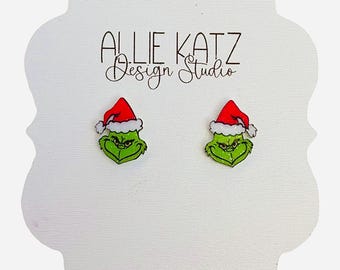 Santa Green guy Stud Earrings | Glitter Christmas Earrings | Glittery Christmas Studs | Glittery Stud Christmas Earrings