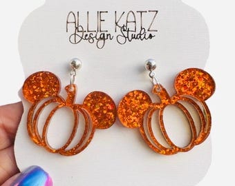 Mickey Glitter Pumpkin Earrings/Mouse Ear Pumpkin Dangle Earrings/ Nickel Free/ Hypoallergenic acrylic Earrings/ Vacation Earrings
