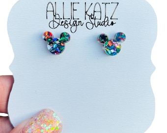 Multi Glitter Mouse Stud Earrings: Hypoallergenic Stainless Steel