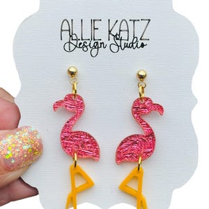 Pink Flamingo Dangle Earrings • Glitter Confetti Acrylic • Tropical Summer Jewelry • Fun Bird Earrings • Lightweight Statement Earrings