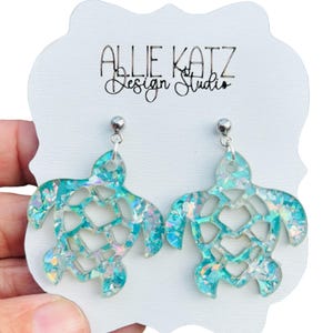 Glitter Sea Turtle Earrings| Aqua Silver Chunk Acrylic Ocean Jewelry |Cute Beach Drop Earrings| Summer Earrings |Gift for Turtle Lover