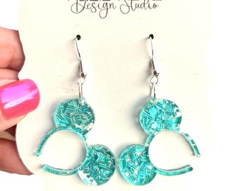Aqua Glitter Mouse Headband Earrings: Acrylic Theme Park Jewelry