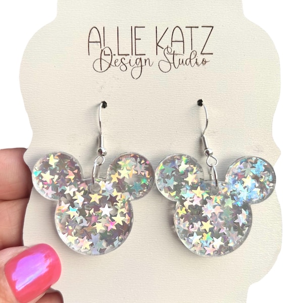 Boucles d'oreilles tête de souris étoile irisée : bijoux en acrylique découpés au laser