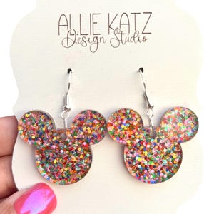 Candy Confetti Glitter Mouse Head Earrings: Acrylic Vacation Jewelry