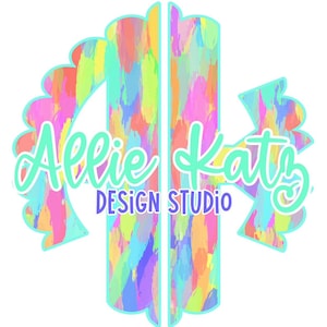 May include: A colorful logo for "Allie Katz Design Studio" with a white background. The design features a stylized monogram with a scalloped edge, filled with brushstrokes of pink, yellow, blue, and green. The text "Allie Katz" is in a teal script, and "DESIGN STUDIO" is in purple.