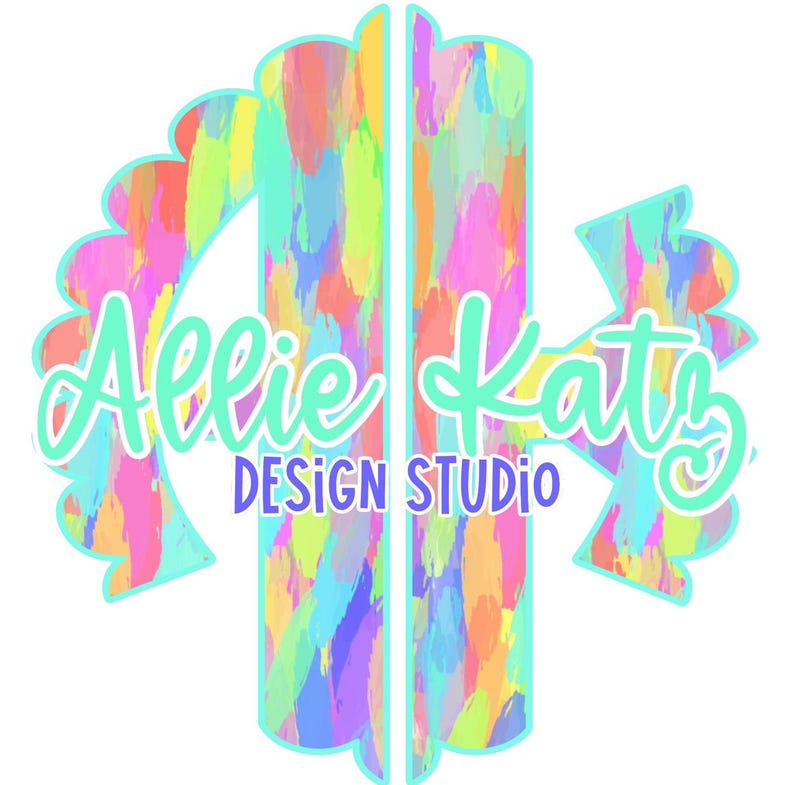 May include: A colorful logo for "Allie Katz Design Studio" with a white background. The design features a stylized monogram with a scalloped edge, filled with brushstrokes of pink, yellow, blue, and green. The text "Allie Katz" is in a teal script, and "DESIGN STUDIO" is in purple.