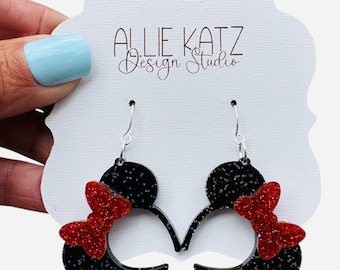 Red Glitter Bow Minnie Mouse headband dangle earrings/ classic mouse headband with bow earring / Disney vacation earrings