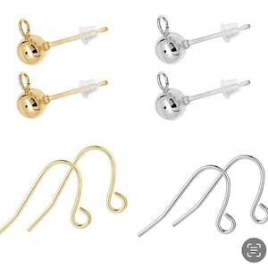 May include: An assortment of jewelry findings, including gold and silver-colored ball stud earrings with clear backs, and matching ear wires. The earrings are designed for jewelry making and crafting.