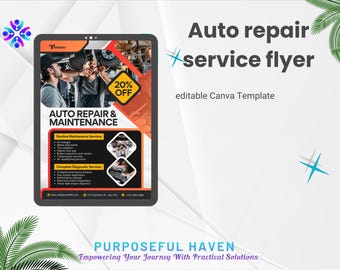 Pode incluir: Um folheto preto e laranja com 20% de desconto em serviços de reparo e manutenção de automóveis. O folheto apresenta uma foto de dois mecânicos trabalhando em um carro. O texto do folheto inclui uma lista dos serviços oferecidos, como trocas de óleo, rotações de pneus e inspeções de freios. O folheto também inclui o site e o número de telefone da empresa.