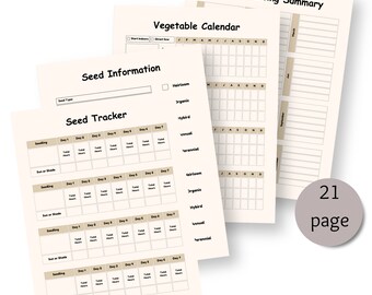 May include: A printable gardening planner with sections for seed starting summary, vegetable calendar, seed information, and seed tracker. The planner has a beige background with brown text and lines.