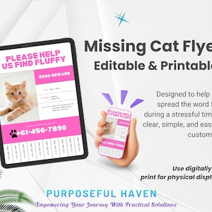 May include: A digital flyer template for a missing cat, featuring a photo of an orange tabby cat. The flyer includes the text "PLEASE HELP US FIND FLUFFY" and "$500 REWARD", with a phone number and editable fields. The design is pink and white.