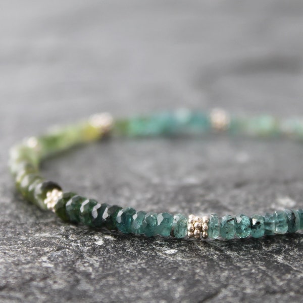 ombre blue and green tourmaline bracelet with sterling silver accents, faceted blue tourmaline rondelles, fits up to 7.25" wrist