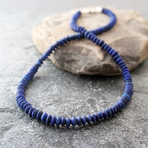 Rustic Lapis Lazuli Necklace with Sterling Silver, Hand Cut Matte Lapis Rondelles, 19.5, Ready to Ship image 1