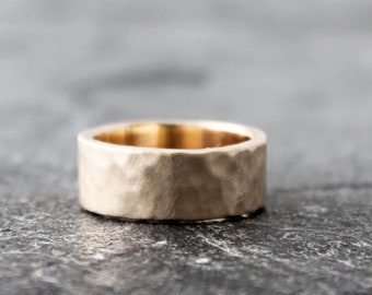 Hammered 14K Gold Wedding Band, 8mm Wide by 2mm Thick