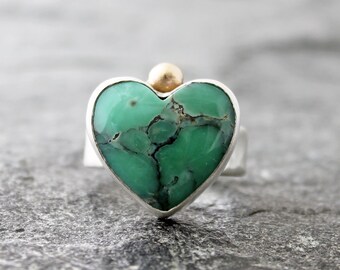 Desert Bloom Variscite Heart Ring with 14K Gold and Sterling Silver, US size 8