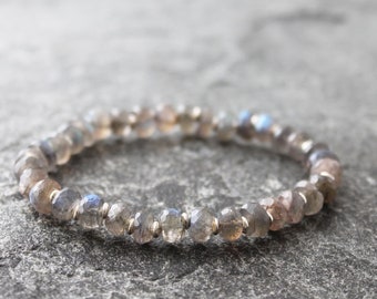 Labradorite Stretch Bracelet for Men and Women, Faceted Labradorite with Bali Silver Accents, fits a snug 6" wrist