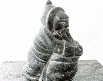 Inuit Soap Stone Sculpture, Seal Hugger, One of a Kind, Hand Craved Eskimo Art, Collectable, Vintage, Gray Stone