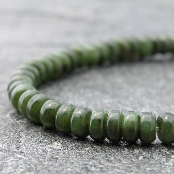 Nephrite Jade Stretch Bracelet, 8mm Dark Green British Columbia Jade Rondelles, Custom Sizes, Made to Order