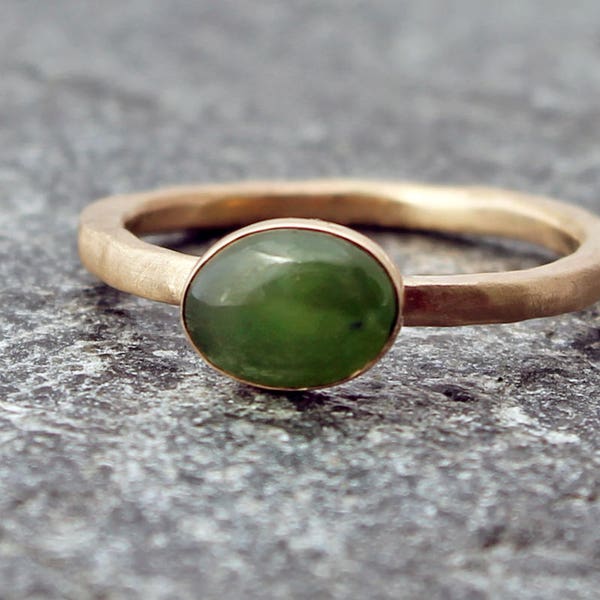 Canadian Nephrite Jade Ring with Hammered 14k Yellow Gold Band