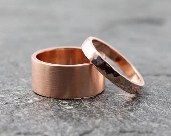 hammered 14k rose gold wedding bands, bespoke artisan chunky gold rings, brushed matte finish, custom size, made to order