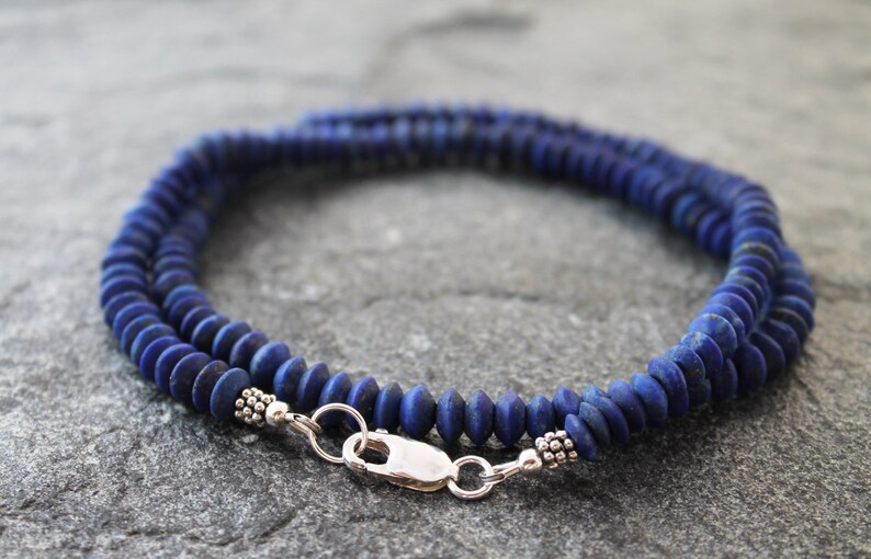 Rustic Lapis Lazuli Necklace with Sterling Silver, Hand Cut Matte Lapis Rondelles, 19.5, Ready to Ship image 4