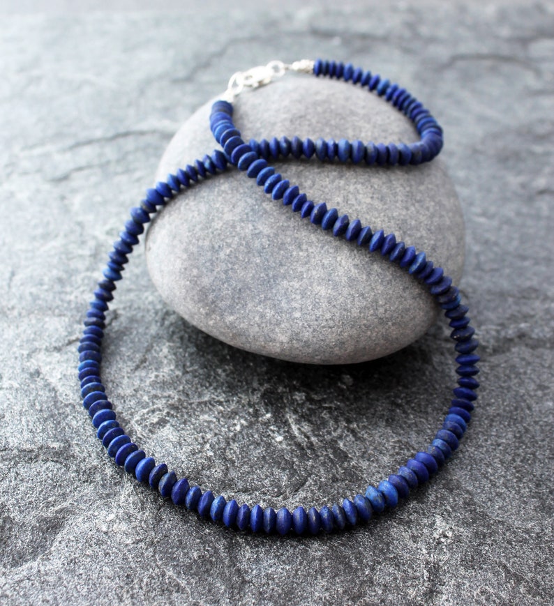 Rustic Lapis Lazuli Necklace with Sterling Silver, Hand Cut Matte Lapis Rondelles, 19.5, Ready to Ship image 2
