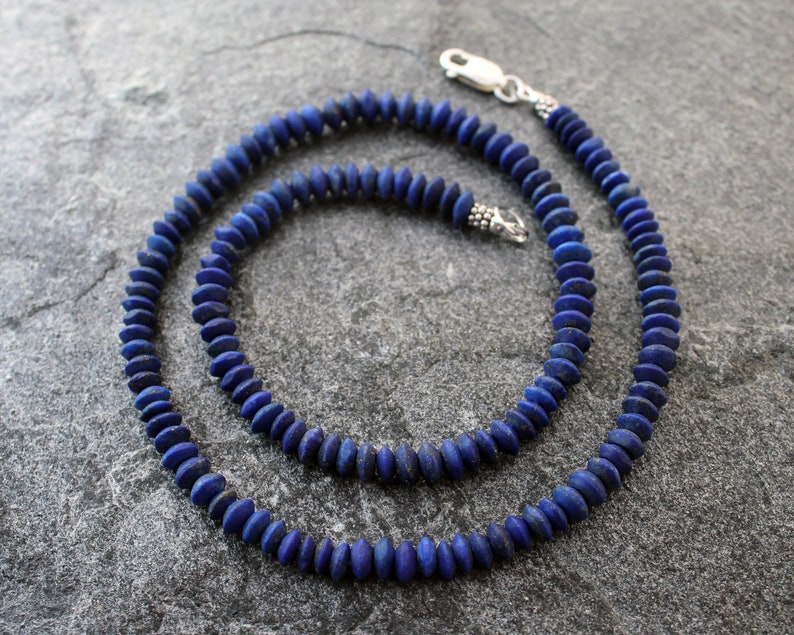Rustic Lapis Lazuli Necklace with Sterling Silver, Hand Cut Matte Lapis Rondelles, 19.5, Ready to Ship image 5