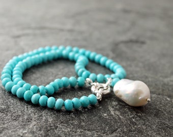 Sleeping Beauty Turquoise Hand Knotted Necklace with White Flameball Pearl