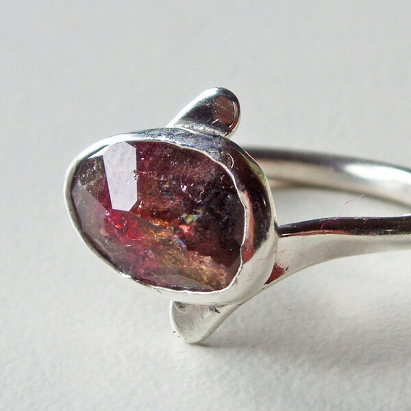 tourmaline ring - artisan tourmaline and sterling silver ring - artisan freeform multi tourmaline engagement ring - May birthstone size 6.5