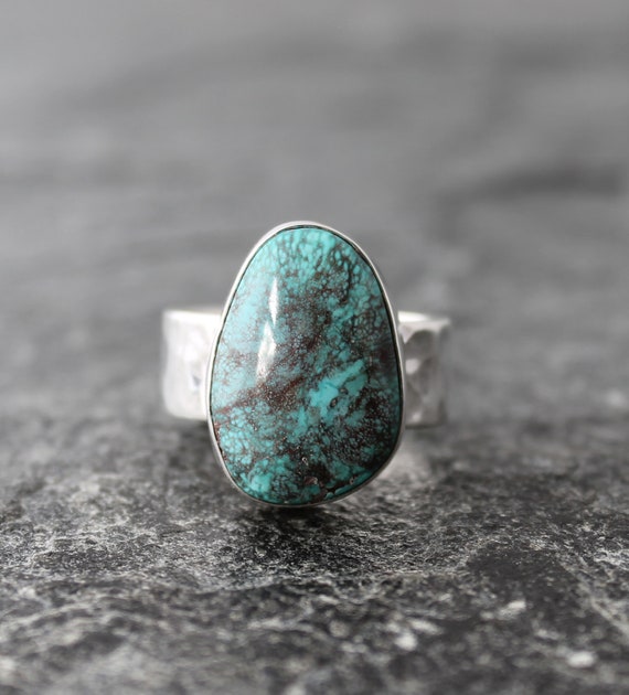 Arizona Bisbee turquoise ring w sterling silver or 14k gold hammered ring band Sagittarius alternative engagement ring custom made to order