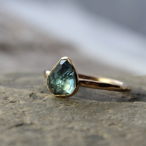 indicolite blue tourmaline engagement ring - OOAK hammered 14k gold engagement ring - size 7.75 - May birthstone
