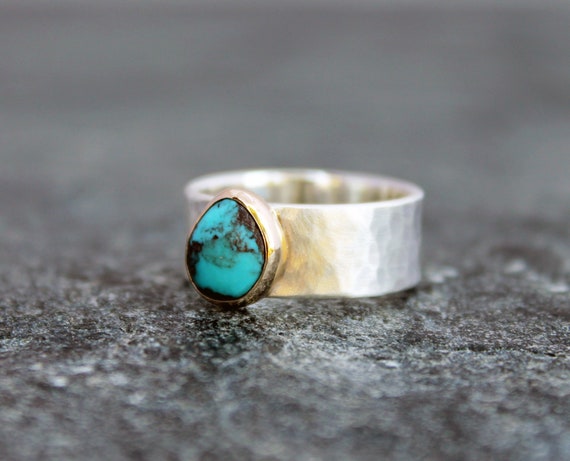 rustic artisan alternative engagement ring Arizona Bisbee turquoise ring custom size to order 14k gold /& hammered sterling silver band
