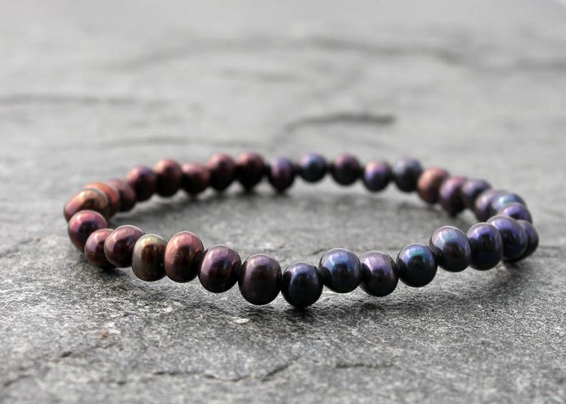 June birthstone copper purple and blue pearl stretch bracelet with golden blue freshwater potato pearls 7 wrist