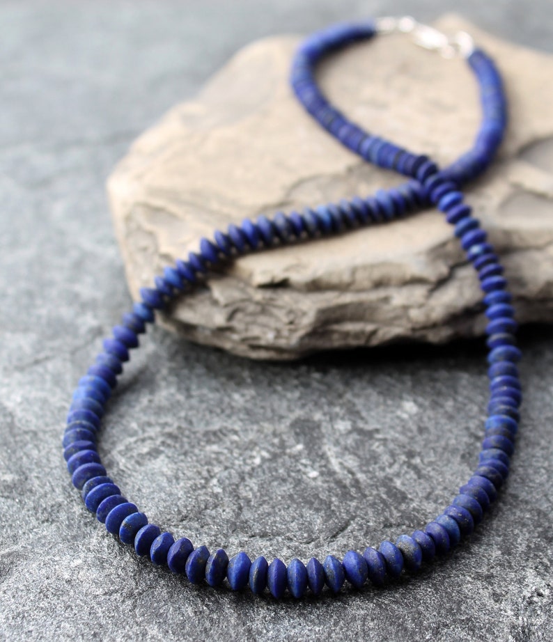 Rustic Lapis Lazuli Necklace with Sterling Silver, Hand Cut Matte Lapis Rondelles, 19.5, Ready to Ship image 3