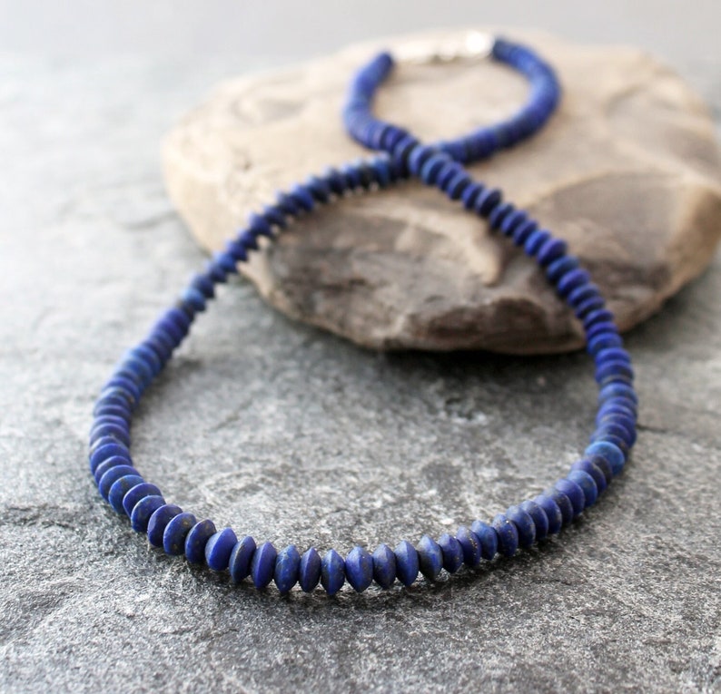 Rustic Lapis Lazuli Necklace with Sterling Silver, Hand Cut Matte Lapis Rondelles, 19.5, Ready to Ship image 1