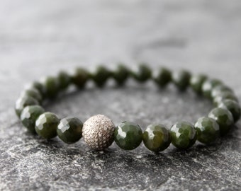 Nephrite Jade Stretch Bracelet with Pave Diamonds, 7" Wrist