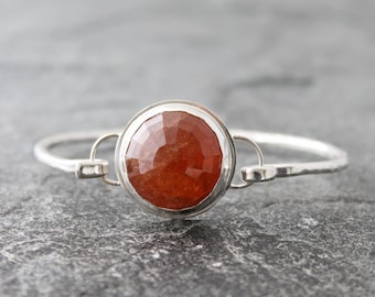 Hessonite Garnet and Hammered Sterling Silver Tension Cuff Bracelet, Fits up to 6.5" wrist