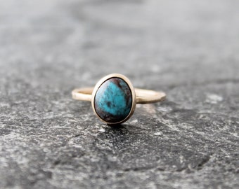 Smoky Bisbee Turquoise Ring with 14K Gold, Alternative Engagement Ring, US Size 6.75