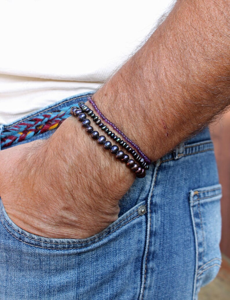 June birthstone copper purple and blue pearl stretch bracelet with golden blue freshwater potato pearls 7 wrist