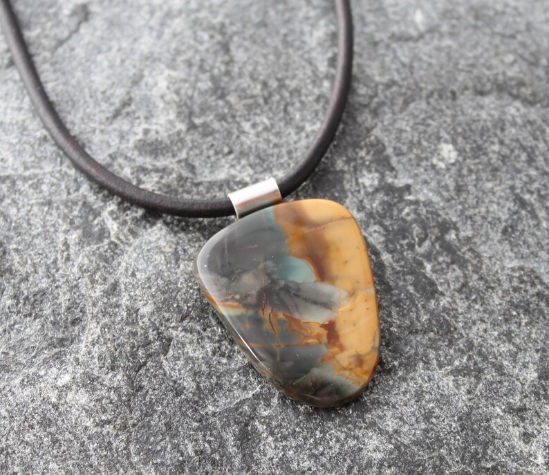 choose chain or leather cord sterling silver bail morrisonite jasper necklace for men and women one of a kind Oregon picture jasper