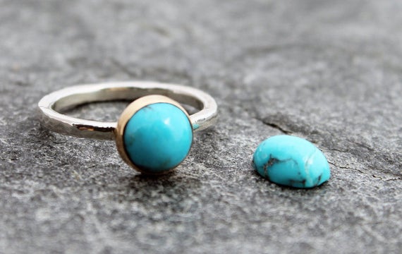 rustic artisan alternative engagement ring Arizona Bisbee turquoise ring custom size to order 14k gold /& hammered sterling silver band