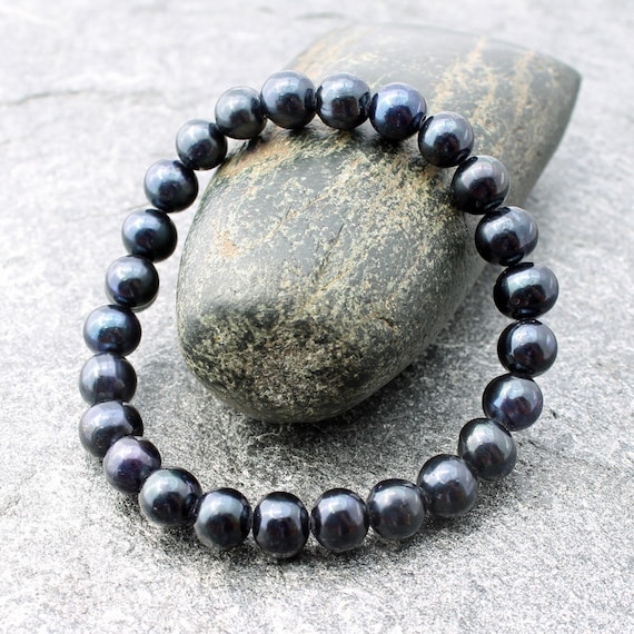 mens black pearl bracelet stretch bracelet black freshwater | Etsy